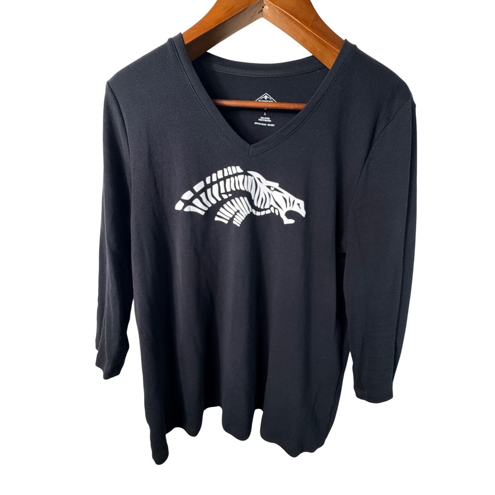 Women Top Black V-Neck Horse Design Long Sleeve Cotton Casual Equestrian Large